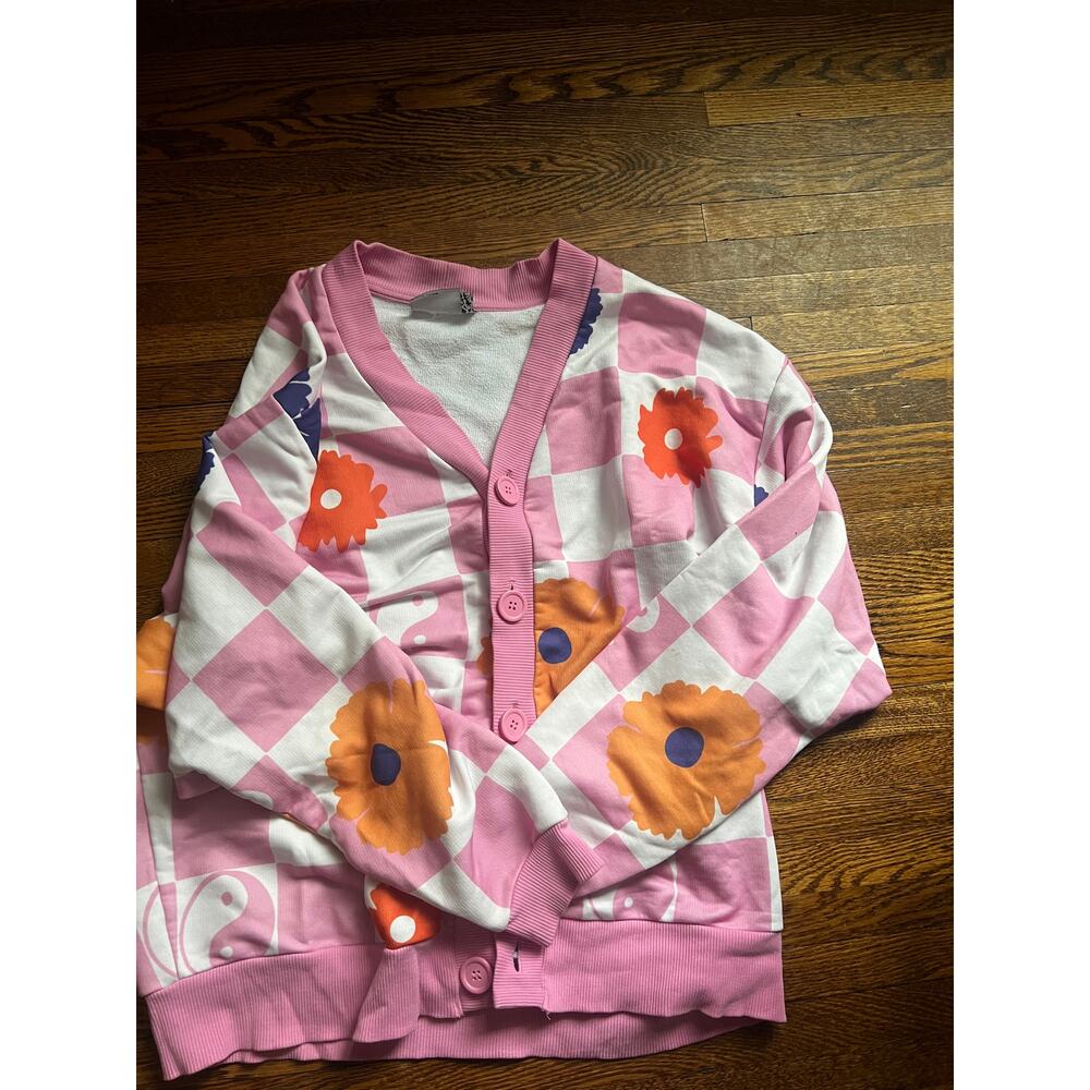ASOS Cotton Blend Pink‎ Checkered Floral Yin Yang Button Cardigan Size Large